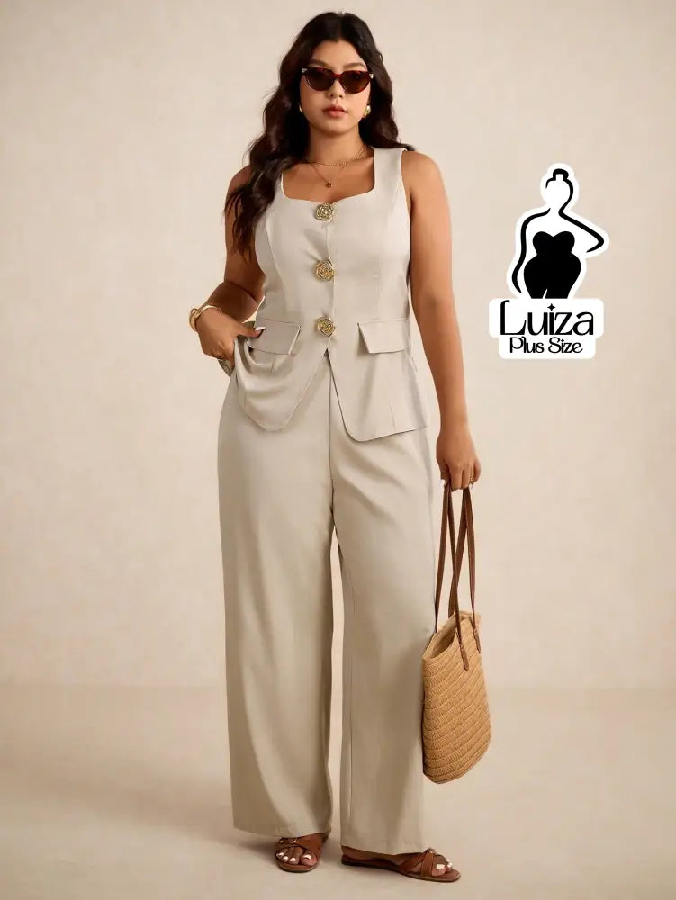 Conjunto Colete Alfaiataria Calça Pantalona Social Plus Size