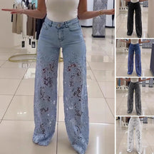 Calça Jeans Bethania™ em Denim Moderno com Renda Artesanal Floral / Estilo e Conforto Casual Chic para Looks Memoráveis!